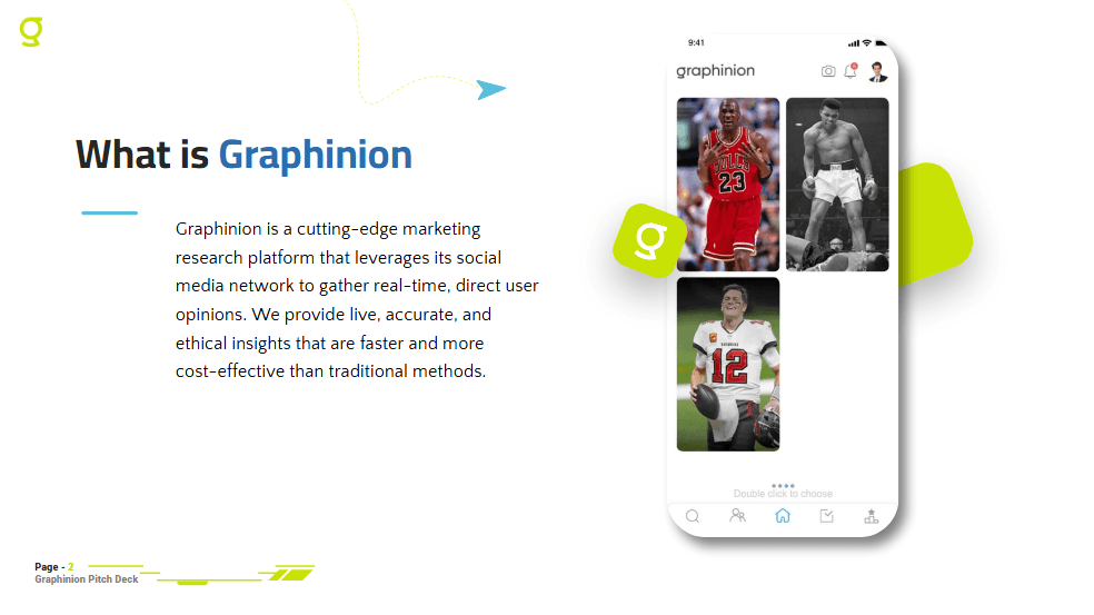 Graphinion introduction slide with product mockups