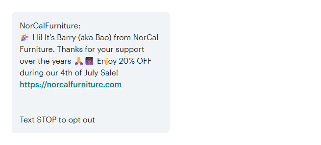 NorCal Furniture Fourth of July SMS campaign