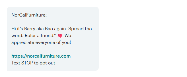 NorCal Furniture referral SMS campaign
