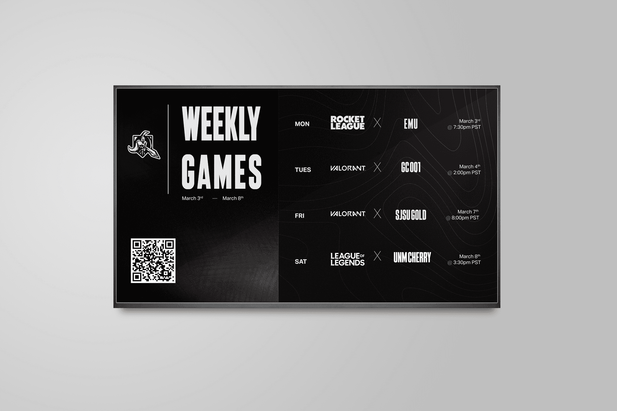 SJSU Esports weekly games schedule billboard
